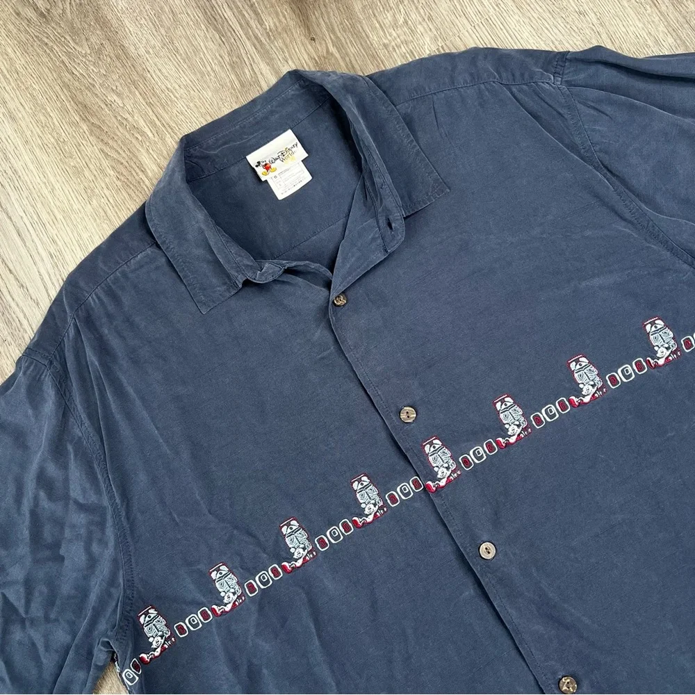 Disney Parks Hawaiian Shirt Mens‎ L Navy Blue Mickey Mouse Tiki Polynesian Rayon